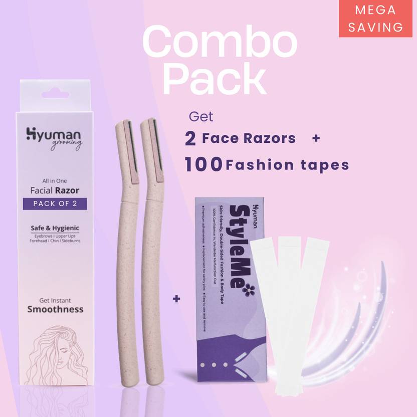 Hyuman Combo Face Razor & Clothing Tape for Women -2Unit Razors + 100Strip Fashion Tape, Women (Pack of 2)
