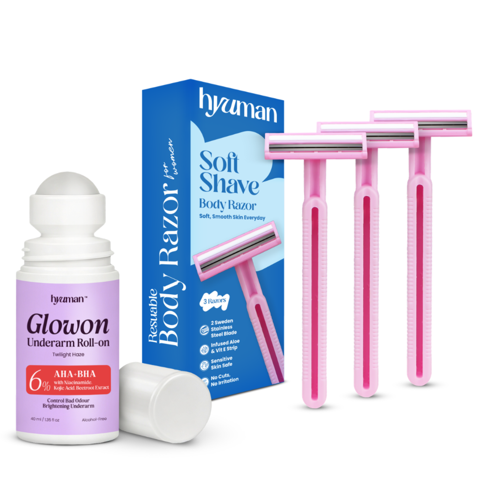 GlowOn Deodorant Roll-On 40ml with SoftShave Razor Pack of 3