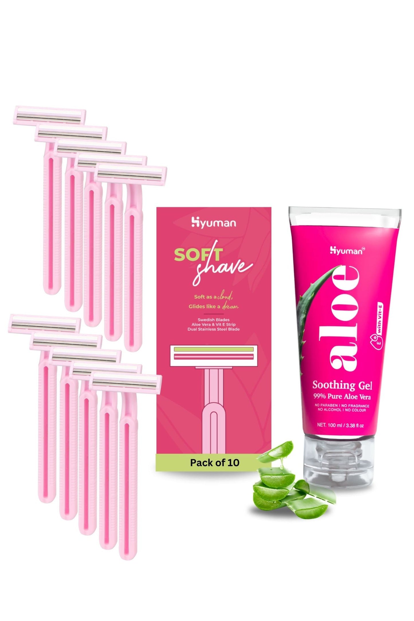 Hyuman® Combo 1 Pure Aloe Vera Gel 100ml & SoftShave Body Razor 10 Units | 99% Organic aloe vera with Vitamin E paraben free | Body Hair Removal Razor, Aloe Vera & Vit E Strip