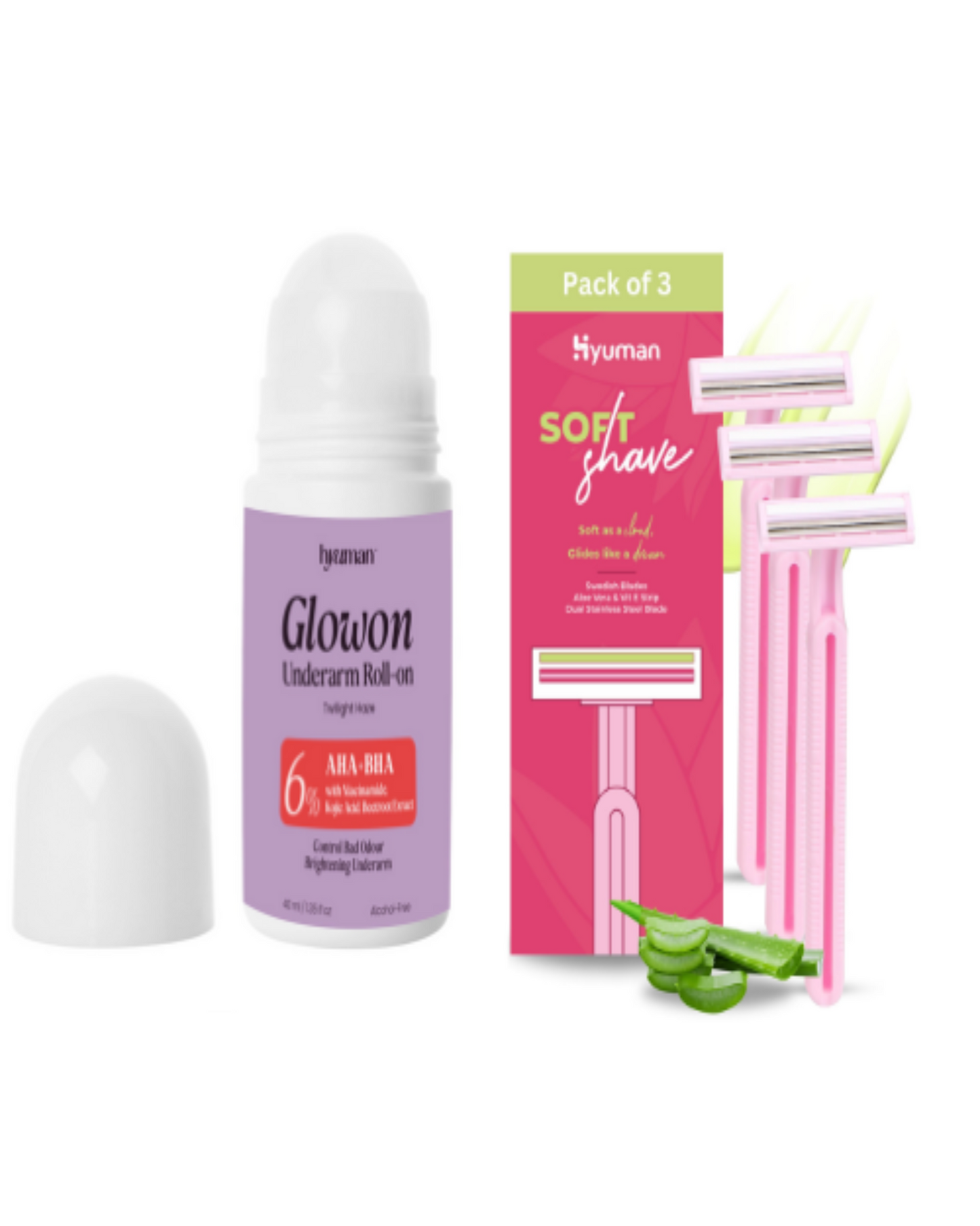 GlowOn Deodorant Roll-On 40ml with SoftShave Razor Pack of 3