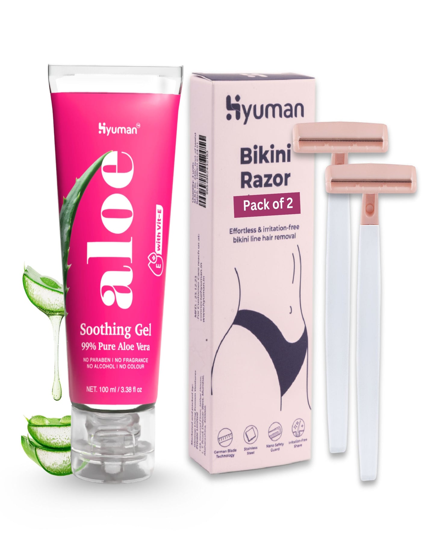 Hyuman Bikini Razors Pack of 2 + Aloe Vera Gel 100 ml